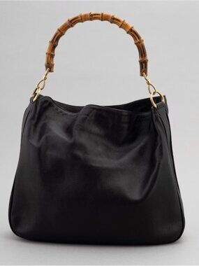 Vintage Gucci Diana Black Leather Bamboo Top 2 way Handle Tote Bag